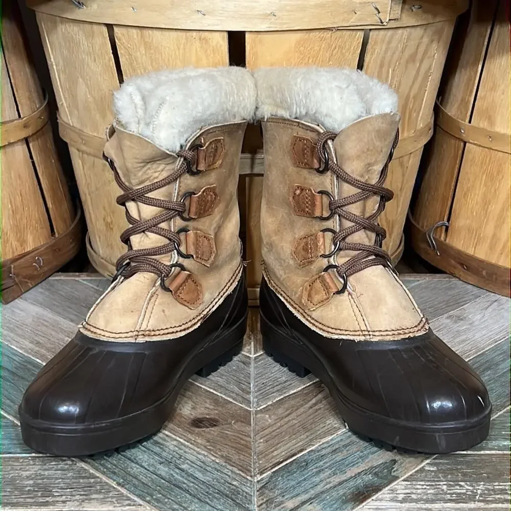 Sorel Alpine Tan Leather Faux Fur Waterproof Vintage Snow Boots Womens Size 6